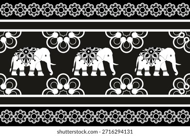Elegante patrón de Vector étnico blanco y negro con elefantes estilizados con adornos florales y bordes geométricos, perfecto para textiles, Fondos de pantalla, fondos y diseños de impresión decorativa.