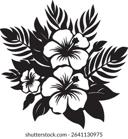 Elegant black and white floral arrangement of hibiscus and lush tropical foliage