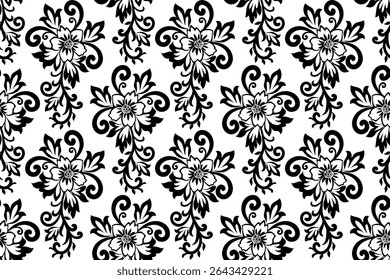 Elegant Black and White Floral Damask Seamless Pattern. Black and White Floral Background. Timeless Damask Design. Classic Ornate Damask Floral Background. Vintage Pattern Design.