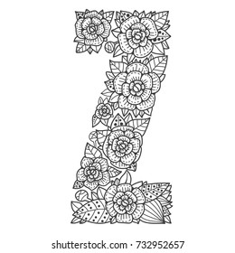 Elegant Black and white floral english typography sign letter outline, adult coloring page book Z. Written by hand. The letter is decorated with stylized flowers and leaves