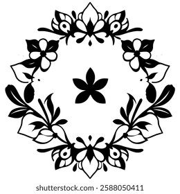 Elegant Black and White Floral Frame: Circular Monochrome Design, Symmetrical Pattern, Vintage Vector Illustration