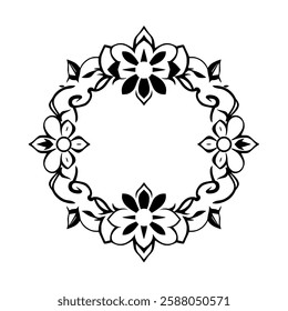 Elegant Black and White Floral Frame Design: Circular Border Ornament for Vintage Art and Graphic Design Projects