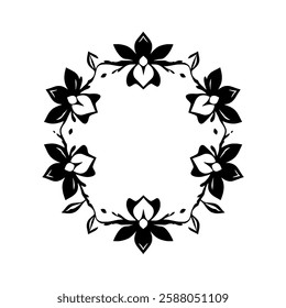 Elegant Black and White Floral Frame: Vintage Flower Border Design. Perfect for invitations, cards, and decorative projects.