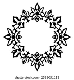 Elegant Black and White Floral Frame: Circular Vintage Design, Decorative Border, Symmetrical Flower Pattern, Ornamental Art, Vector Illustration