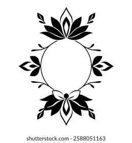 Elegant Black and White Floral Frame: Ornamental Lotus Design, Decorative Border, Vintage Art, Vector Illustration, Circular Pattern, Symmetrical Mandala, Graphic Template