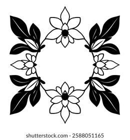 Elegant Black and White Floral Frame: Vintage Flower Border, Circular Symmetrical Design, Classic Ornamental Decoration, Vector Illustration