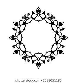 Elegant Black and White Floral Frame: Circular Design, Decorative Border, Vintage Ornament, Perfect for Wedding Invitations or Artistic Projects
