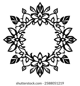 Elegant Black and White Floral Frame Design. Perfect for invitations, cards, and other projects. A classic, symmetrical, and decorative circular border.