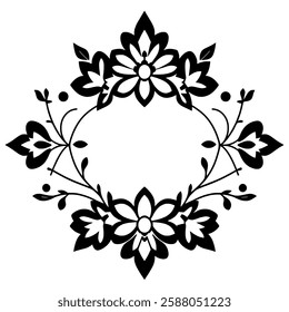 Elegant Black and White Floral Frame Design. Perfect for invitations, cards, and decorative projects. A classic, symmetrical, and vintage-inspired floral pattern.