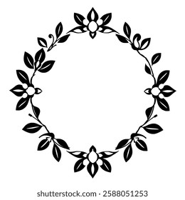 Elegant Black and White Floral Frame: Vintage Wreath Border Design. Perfect for invitations, cards, and decorative projects.