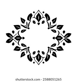 Elegant Black and White Floral Frame Design. Perfect for invitations, cards, and decorative projects. Vintage style, symmetrical pattern with leaves and flourishes.