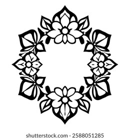 Elegant Black and White Floral Frame: Circular Mandala Design. Perfect for invitations, cards, and decorative projects. A classic, symmetrical pattern with intricate details.