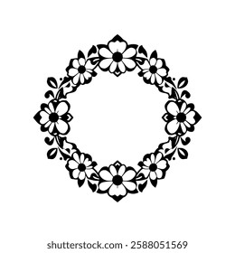 Elegant Black and White Floral Frame: Circular Border Design, Vintage Ornament, Decorative Vector Illustration, Classic Style, Symmetrical Pattern for Background, Art, and Graphic Design