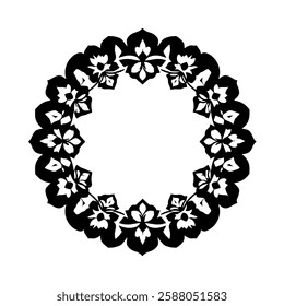 Elegant Black and White Floral Frame: Circular Vintage Ornament, Decorative Border, Classic Design, Symmetrical Pattern for Art, Vector Illustration, and Graphic Design