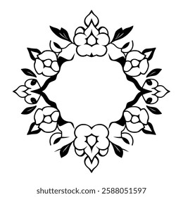 Elegant Black and White Floral Frame Design. Perfect for invitations, cards, and decorative projects. Vintage style, symmetrical pattern, and intricate details.