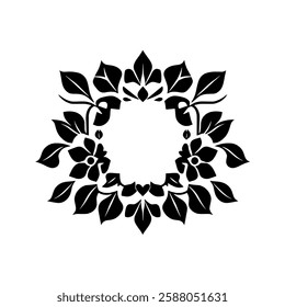 Elegant Black and White Floral Frame Design: A Vintage Circular Symmetrical Pattern for Art, Decoration, and Backgrounds