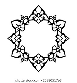 Elegant Black and White Floral Frame Design. Perfect for invitations, cards, and decorative projects. A classic and symmetrical pattern with a vintage feel.