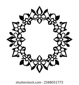 Elegant Black and White Floral Frame: Vintage Flower Wreath Border Design. Perfect for invitations, cards, and decorative projects.