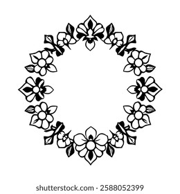 Elegant Black and White Floral Frame: Circular Vintage Design, Decorative Border, Vector Art, Classic Style, Perfect for Backgrounds and Templates