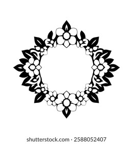 Elegant Black and White Floral Frame Design. Perfect for invitations, cards, and more. Classic, vintage style, circular frame with intricate details.