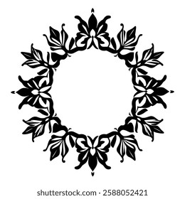 Elegant Black and White Floral Frame: Circular Vintage Design, Decorative Border, Symmetrical Pattern, Perfect for Wedding Invitations or Luxury Branding