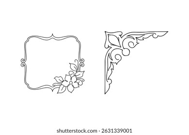 Elegant black and white floral frames and corner design elements for decorative purposes