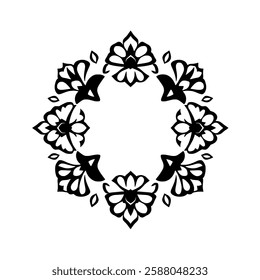 Elegant Black and White Floral Mandala Frame Design. Perfect for invitations, cards, and decorative projects. Circular pattern with symmetrical floral elements.