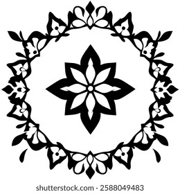 Elegant Black and White Floral Mandala: Ornamental Circular Design, Symmetrical Pattern, Vintage Art, Decorative Frame, Classic Motif