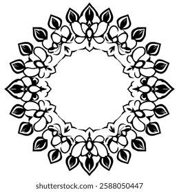 Elegant Black and White Floral Mandala Design: Circular Pattern, Decorative Frame, Vintage Ornament, Symmetrical Art, Round Shape Graphic