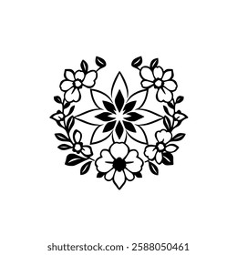 Elegant Black and White Floral Mandala Art: Circular Flower Pattern Design, Vintage Style, Geometric Illustration