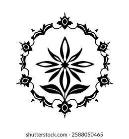 Elegant Black and White Floral Mandala Design: Circular Symmetrical Pattern, Ornamental Flower, Vintage Style, Decorative Graphic Art