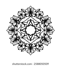 Elegant Black and White Floral Mandala Design. Geometric Pattern, Circular, Symmetrical, Decorative, and Ornamental. Perfect for Print, Home Decor, and Tattoo.