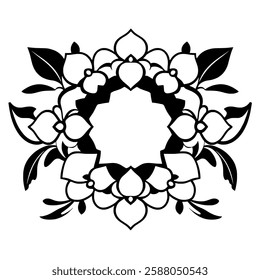 Elegant Black and White Floral Mandala Frame: Vintage Symmetrical Flower Pattern Design, Perfect for Decoration and Backgrounds