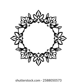 Elegant Black and White Floral Mandala Frame. Perfect for invitations, cards, and decorative projects. A symmetrical circular design with intricate details.