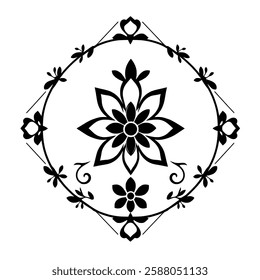 Elegant Black and White Floral Mandala Design: A Symmetrical Circular Pattern Perfect for Decoration, Vintage Style, and Ornamental Art