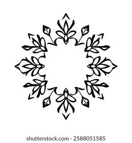 Elegant Black and White Floral Mandala Frame. Perfect for invitations, cards, and decorative projects. Circular symmetrical pattern, vector illustration.