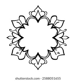 Elegant Black and White Floral Mandala Frame Design. Perfect for invitations, cards, and decorative projects. Circular pattern with symmetrical flourishes.