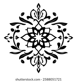 Elegant Black and White Floral Mandala Pattern: Vintage Symmetrical Design, Ornamental Decorative Art, Perfect for Wallpaper, Backgrounds, and Decor