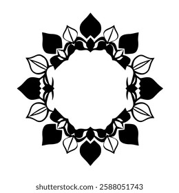 Elegant Black and White Floral Mandala Frame. Perfect for invitations, cards, and decorative projects. Circular symmetrical pattern, vector illustration.