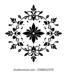 Elegant Black and White Floral Mandala: Symmetrical Vintage Pattern Design