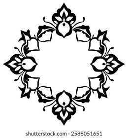 Elegant Black and White Floral Ornament Frame. Perfect for vintage designs, invitations, and decorative projects. Symmetrical pattern, vector graphic.