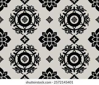 An Elegant black and white floral pattern featuring intricate designs and symmetrical shapes, perfect for textiles or wallpaper