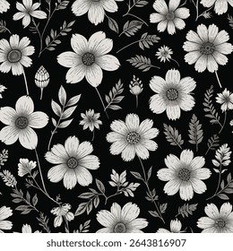 Patrón floral blanco y negro elegante para la tela, Fondo de pantalla, arte, artesanías, diseño