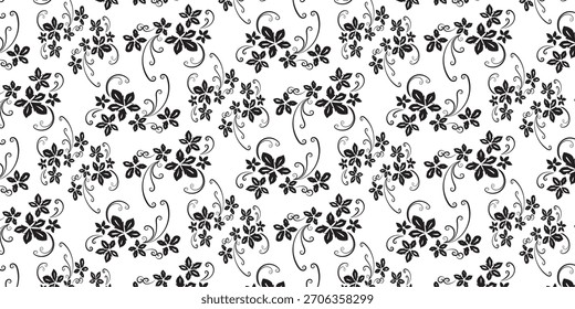 Elegante diseño de patrón floral en blanco y negro con arremolinadas vides y delicadas flores