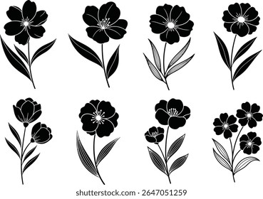 Elegant Black and White Floral Set Botanical Illustration featuring Various Flower Types, Leaves, and Stem Designs for Creative Projects