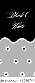 Elegant black and white floral vector background featuring a wavy divider and minimalist daisy flower pattern. This monochrome aesthetic design is perfect for wallpapers, packaging, social media templ