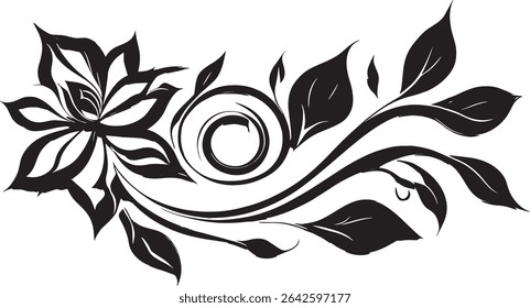 Elegant black and white floral vector design.  Isolated on white background, perfect for various design projects.  Features intricate details and a stylish swirl.