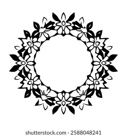Elegant Black and White Floral Wreath Frame: Circular Monochrome Design for Decorations