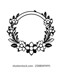 Elegant Black and White Floral Wreath Frame: Vintage Decorative Circle Border Design for Wedding Invitation or Classic Art Template