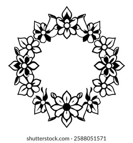 Elegant Black and White Floral Wreath Frame. Perfect for invitations, cards, and decorative design projects. Classic and vintage style, this circular frame features a beautiful floral pattern.
